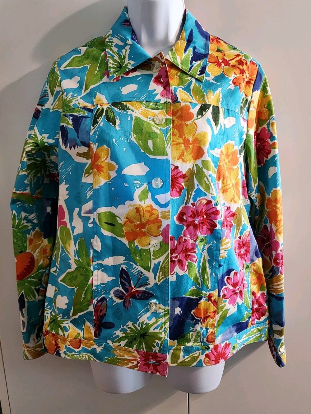 Laura Ashley Women Small S Bright Floral Butterfly Denim Trucker Jacket Cotton